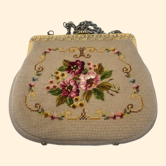 1950s Vintage Floral Needlepoint Handbag with Chain Handle